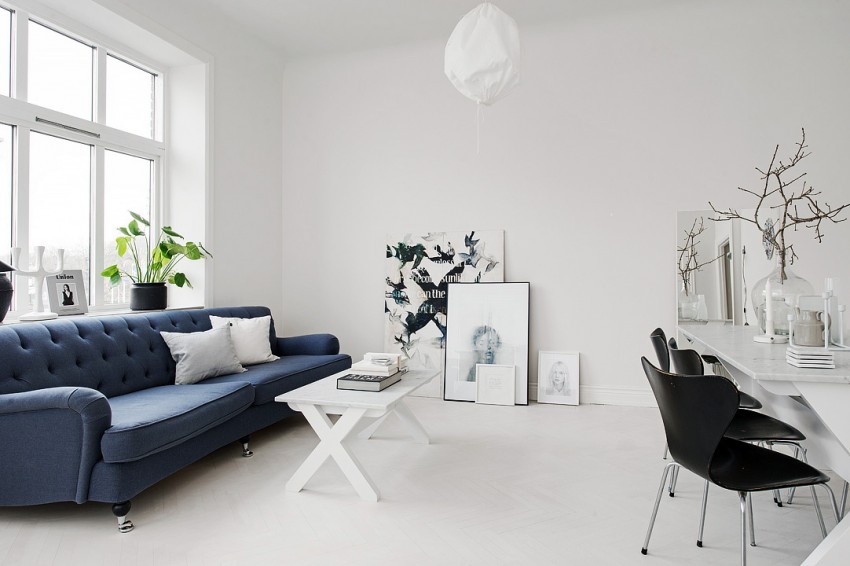 Obývačka zariadená v škandinávskom štýle