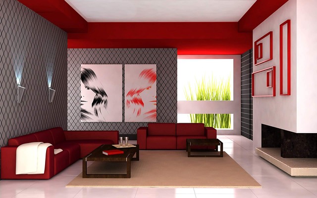 Obývačka v sivo červenej kombinácií