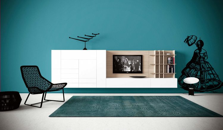Návrh interiéru obývačky s modrými stenami