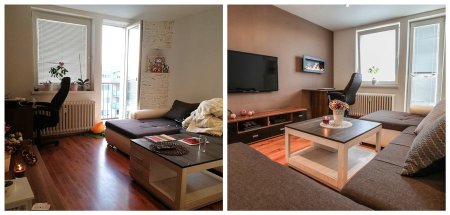 Obývačka so sivým gaučom pred a po home stagingu