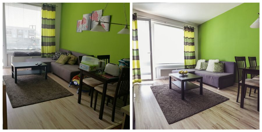 Zelená obývačka pred a po home stagingu