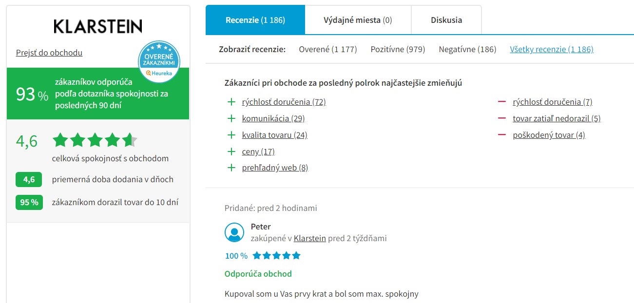 Hodnotenie e-shopu Klarstein.sk na portáli heureka.sk