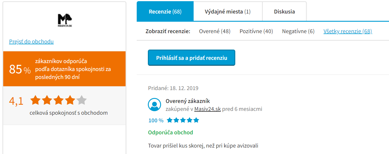 Hodnotenie e-shope Masiv24.sk