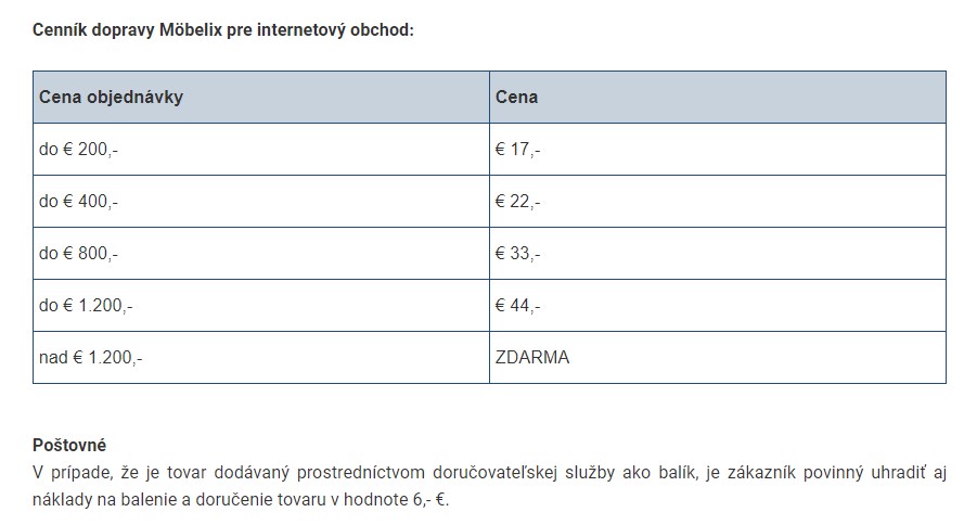 Möbelix cena dopravy