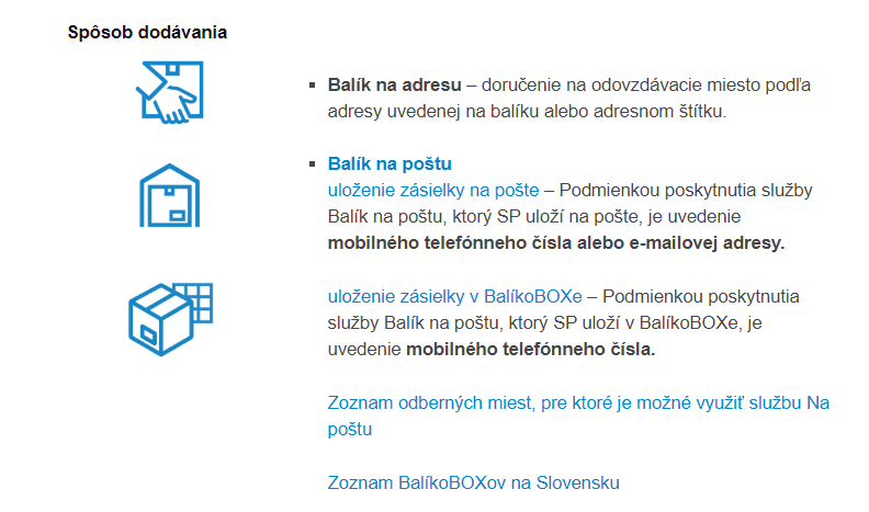 Slovenská pošta spôsoby dodania balíkov
