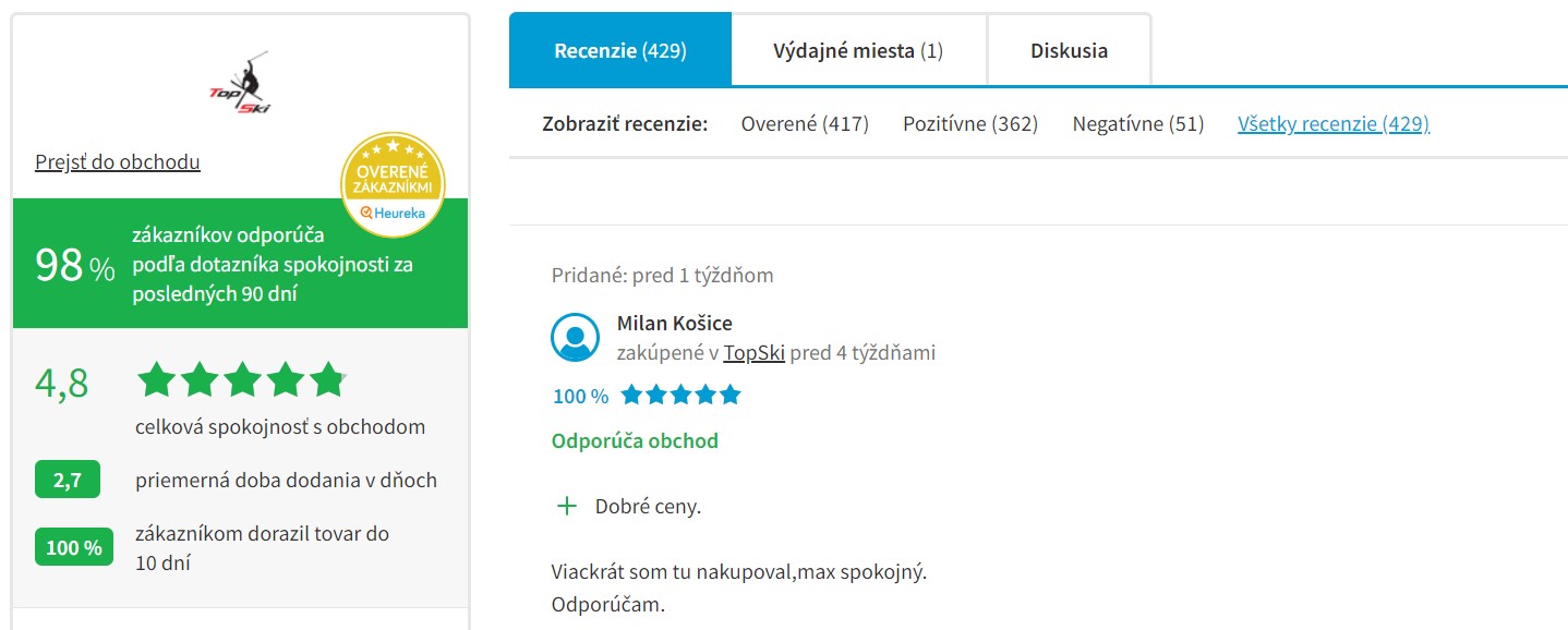 Hodnotenie e-shopu Topski.sk na heureke