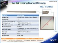 ACER Projekční plátno M90-W01MG Projection Screen, 1960x1100, 90'' (16:9) Wall & Ceiling Gray Manual