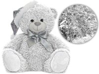 MIKRO -  Medveď plyšový 25 cm biely sediaci s čiapkou a mašľou 35097