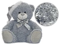 MIKRO -  Medveď plyšový 25 cm sivý sediaci s čiapkou a mašľou 35096